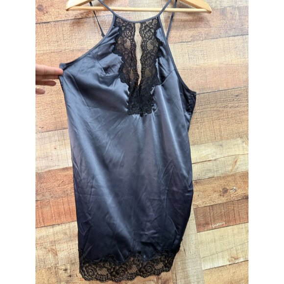 Frederick's of Hollywood Black Satin Lace Trim Sleeveless Nightgown Large - Picture 2 of 9